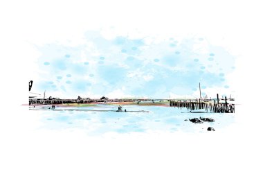 Provincetown 'un simgesi olan Print Building View, Massachusetts' te yer alan bir şehirdir. Vektörde elle çizilmiş resim ile suluboya sıçraması.