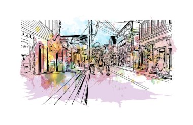 Provincetown 'un simgesi olan Print Building View, Massachusetts' te yer alan bir şehirdir. Vektörde elle çizilmiş resim ile suluboya sıçraması.