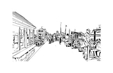 Provincetown 'un simgesi olan Print Building View, Massachusetts' te yer alan bir şehirdir. Vektörde elle çizilmiş çizim çizimi.