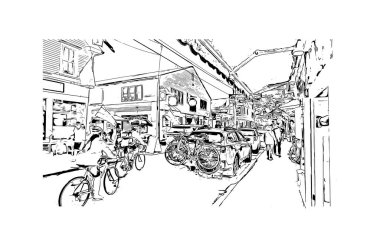 Provincetown 'un simgesi olan Print Building View, Massachusetts' te yer alan bir şehirdir. Vektörde elle çizilmiş çizim çizimi.