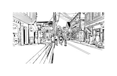 Provincetown 'un simgesi olan Print Building View, Massachusetts' te yer alan bir şehirdir. Vektörde elle çizilmiş çizim çizimi.