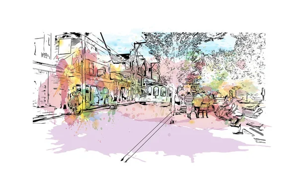 Print Building View Landmark Provincetown Staden Massachusetts Akvarell Stänk Med — Stock vektor