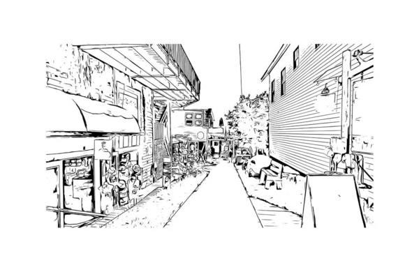 印刷町のランドマークと建物のビューは マサチューセッツ州の町です 手描きのスケッチ図ベクトル — ストックベクタ
