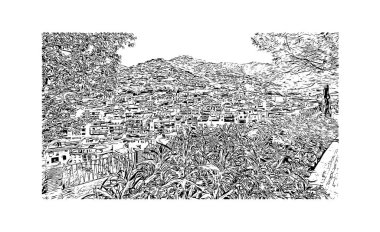 Pueblo 'nun simgesi olan Print Building View Colorado' da bir şehirdir. Vektörde elle çizilmiş çizim çizimi.