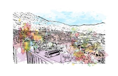 Pueblo 'nun simgesi olan Print Building View Colorado' da bir şehirdir. Vektörde elle çizilmiş resim ile suluboya sıçraması.