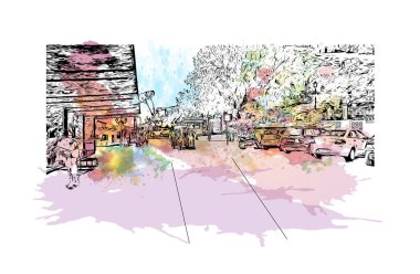 Pueblo 'nun simgesi olan Print Building View Colorado' da bir şehirdir. Vektörde elle çizilmiş resim ile suluboya sıçraması.