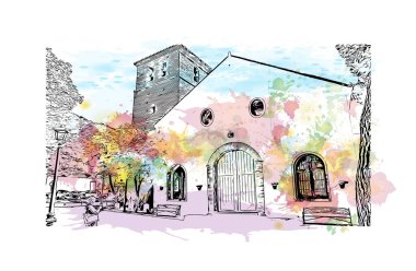 Pueblo 'nun simgesi olan Print Building View Colorado' da bir şehirdir. Vektörde elle çizilmiş resim ile suluboya sıçraması.