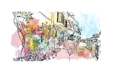 Pueblo 'nun simgesi olan Print Building View Colorado' da bir şehirdir. Vektörde elle çizilmiş resim ile suluboya sıçraması.