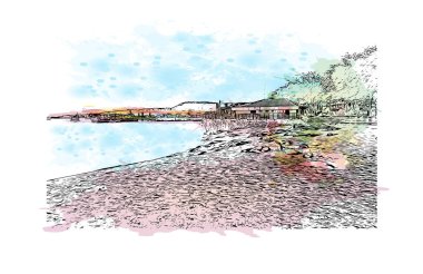 Puerto Baquerizo Moreno, Ekvador 'da yer alan bir şehirdir. Vektörde elle çizilmiş resim ile suluboya sıçraması.