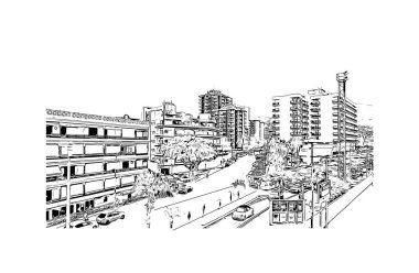 Puerto de la Cruz, İspanya 'da bir şehirdir. Vektörde elle çizilmiş çizim çizimi.