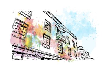 Puerto de la Cruz, İspanya 'da bir şehirdir. Vektörde elle çizilmiş resim ile suluboya sıçraması.