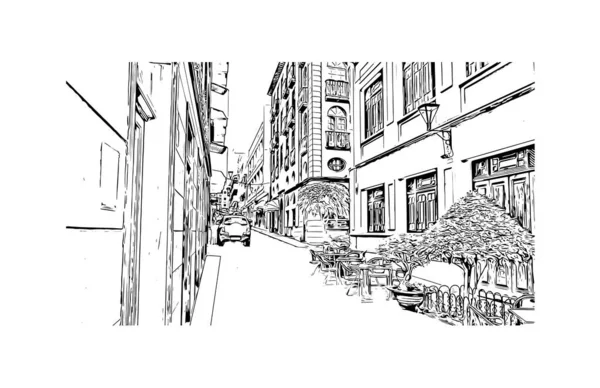 印刷プエルト クルスのランドマークとビルの景色はスペインの街です 手描きのスケッチ図ベクトル — ストックベクタ