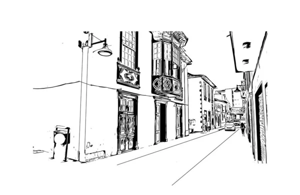 Drukuj Widok Budynek Dominantą Puerto Cruz Miasto Hiszpanii Ręcznie Rysowany — Wektor stockowy