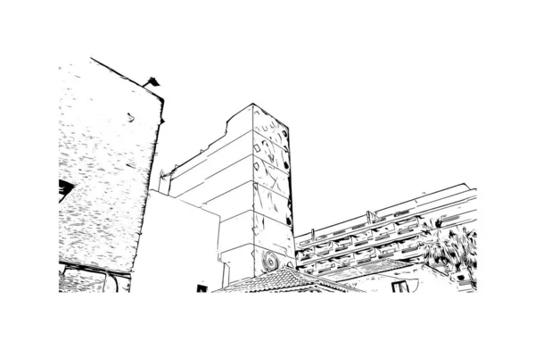 Print Building View Landmark Puerto Cruz City Spain Hand Drawn — Stock Vector