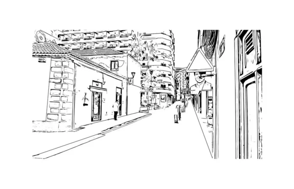 Print Building View Landmark Puerto Cruz City Spain Hand Drawn — Stock Vector