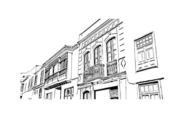 Imprimir Vista Edifício Com Marco Puerto Cruz Cidade Espanha Desenho — Vetor de Stock