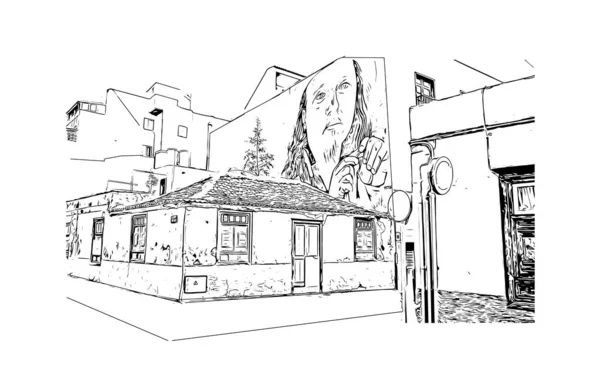 Imprimir Vista Edifício Com Marco Puerto Cruz Cidade Espanha Desenho — Vetor de Stock