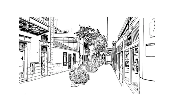 印刷プエルト クルスのランドマークとビルの景色はスペインの街です 手描きのスケッチ図ベクトル — ストックベクタ
