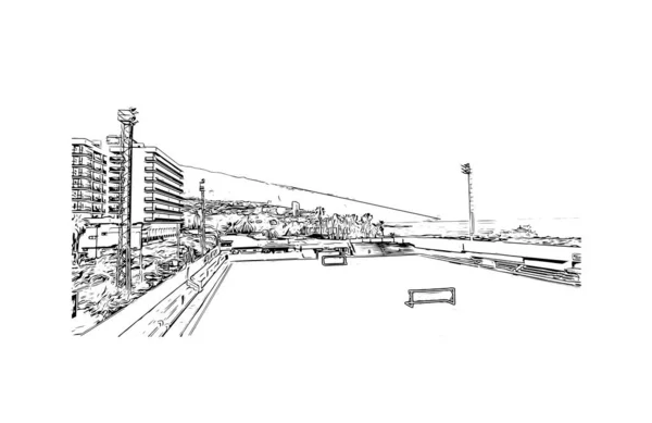 带有克鲁斯港地标的印刷建筑景观是西班牙的城市 矢量手绘草图 — 图库矢量图片