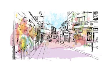 Puerto de la Cruz, İspanya 'da bir şehirdir. Vektörde elle çizilmiş resim ile suluboya sıçraması.