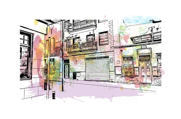 Print Building View Landmark Puerto Cruz City Spain Watercolor Splash — Stock Vector
