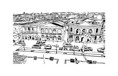 Print Building view with landmark of Puerto Plata is the city of Dominik Republic. Vektörde elle çizilmiş çizim çizimi.