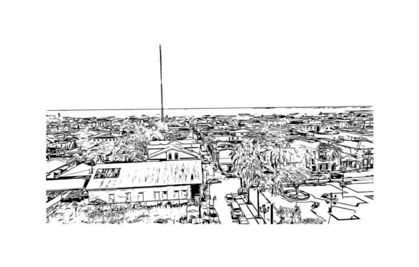 带有普拉塔港地标的印刷建筑景观是多米尼加共和国的城市 矢量手绘草图 — 图库矢量图片