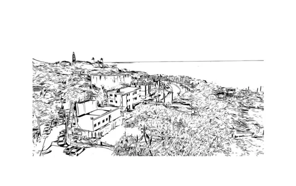 印刷プエルトプラタのランドマークとビルの景色はドミニカ共和国の街です 手描きのスケッチ図ベクトル — ストックベクタ