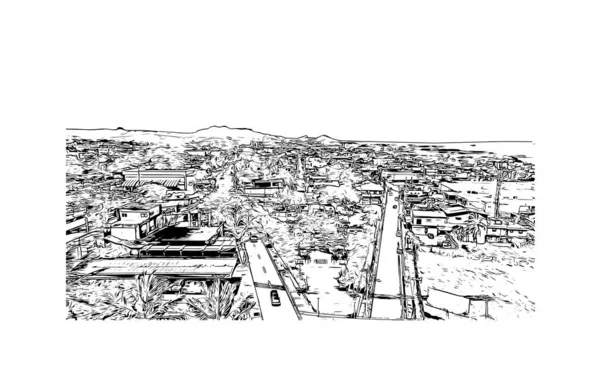 带有普拉塔港地标的印刷建筑景观是多米尼加共和国的城市 矢量手绘草图 — 图库矢量图片
