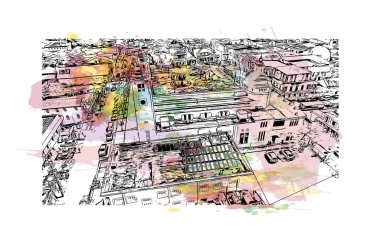 Print Building view with landmark of Puerto Plata is the city of Dominik Republic. Vektörde elle çizilmiş resim ile suluboya sıçraması.