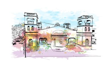 Print Building view with landmark of Puerto Plata is the city of Dominik Republic. Vektörde elle çizilmiş resim ile suluboya sıçraması.