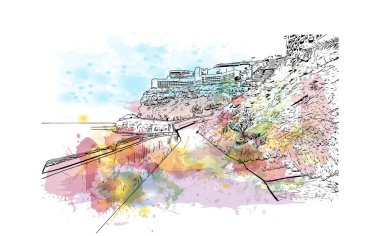 Porto Riko de Gran Canaria, İspanya 'nın Gran Canaria eyaletinde yer alan bir şehirdir. Vektörde elle çizilmiş resim ile suluboya sıçraması.