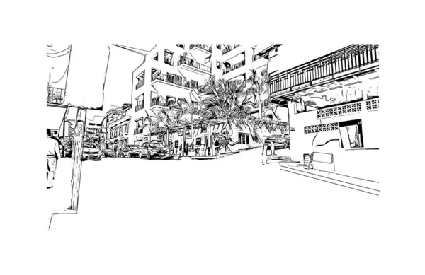Imprimir Vista Edifício Com Marco Puerto Vallarta Cidade México Desenho — Vetor de Stock