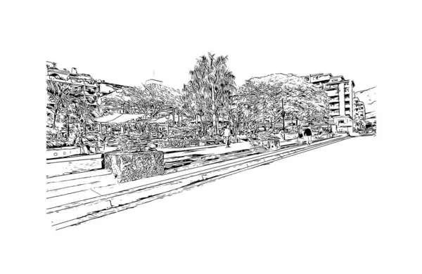 Imprimir Vista Del Edificio Con Punto Referencia Puerto Vallarta Ciudad — Archivo Imágenes Vectoriales
