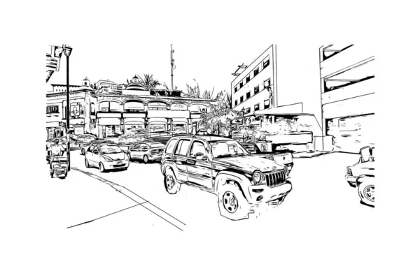 印刷プエルト バジャルタのランドマークとビルの景色はメキシコの街です 手描きのスケッチ図ベクトル — ストックベクタ