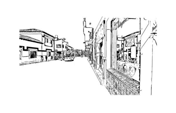 印刷プエルト バジャルタのランドマークとビルの景色はメキシコの街です 手描きのスケッチ図ベクトル — ストックベクタ