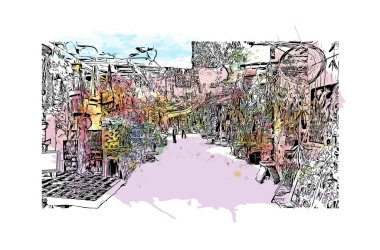 Puerto Vallarta, Meksika 'da bir şehirdir. Vektörde elle çizilmiş resim ile suluboya sıçraması.