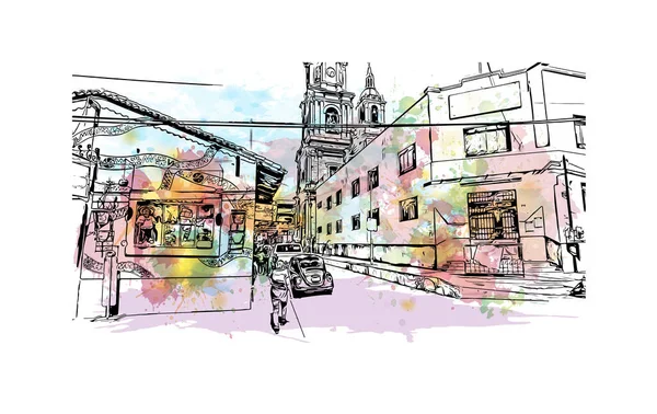 Print Building View Landmark Puerto Vallarta City Mexico Watercolor Splash — Stock Vector