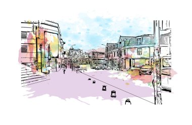 Punta Arenas, Şili 'de yer alan bir şehirdir. Vektörde elle çizilmiş resim ile suluboya sıçraması.