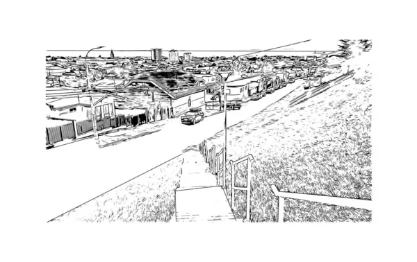 带有Punta Arenas地标的打印建筑视图是智利的城市 矢量手绘草图 — 图库矢量图片
