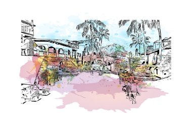 Punta Cana, Dominik Cumhuriyeti 'nde yer alan bir şehirdir. Vektörde elle çizilmiş resim ile suluboya sıçraması.