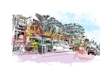 Punta Gorda 'nın simgesi olan Yazdırma Bina Görünümü Florida şehridir. Elle çizilmiş taslak çizimi ile suluboya sıçraması.