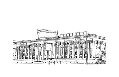 Print Building view with landmark of Pyongyang Kuzey Kore 'nin başkentidir. Vektörde elle çizilmiş çizim çizimi.