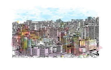 Print Building view with landmark of Pyongyang Kuzey Kore 'nin başkentidir. Vektörde elle çizilmiş resim ile suluboya sıçraması.