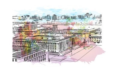 Print Building view with landmark of Pyongyang Kuzey Kore 'nin başkentidir. Vektörde elle çizilmiş resim ile suluboya sıçraması.