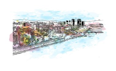 Print Building view with landmark of Pyongyang Kuzey Kore 'nin başkentidir. Vektörde elle çizilmiş resim ile suluboya sıçraması.