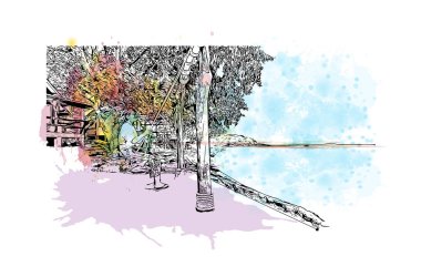 Print Building view with landmark of Rayong is the city in Thailand. Vektörde elle çizilmiş resim ile suluboya sıçraması.