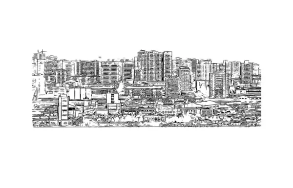Print Building View Landmark Pyongyang Capital North Korea Hand Drawn — Stock Vector