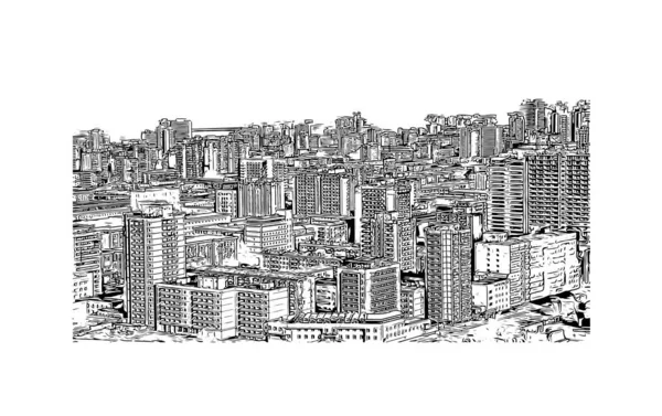 Tisk Pohled Budovu Orientačním Bodem Pchjongjangu Hlavním Městem Severní Koreje — Stockový vektor