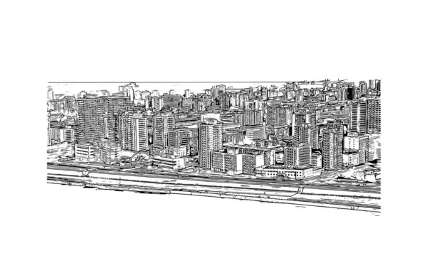 Tisk Pohled Budovu Orientačním Bodem Pchjongjangu Hlavním Městem Severní Koreje — Stockový vektor
